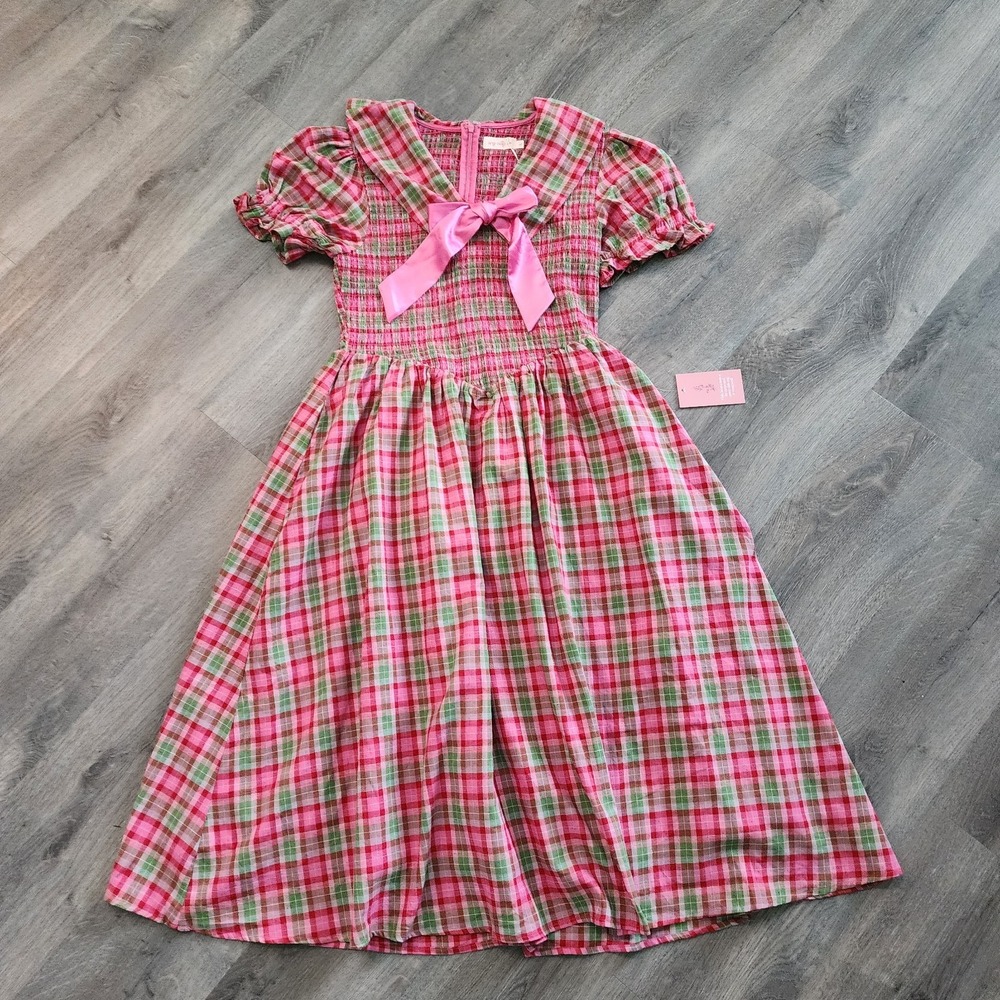 Ivy City Alice Dress L Rosewood Tartan Plaid Bow Smocked Coquette Holiday Preppy - Picture 11 of 15